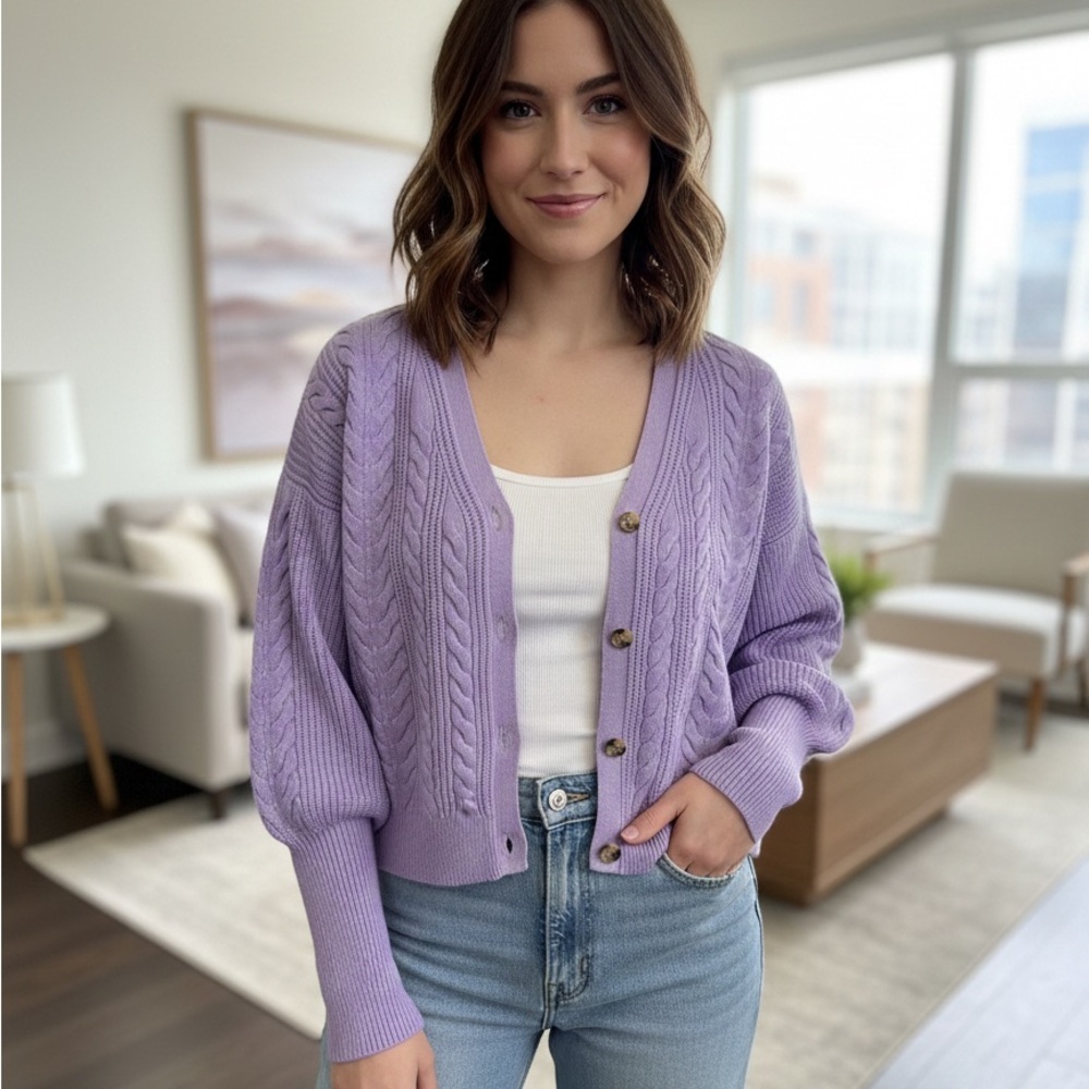 Lavender Button-Up Cardigan Sweater